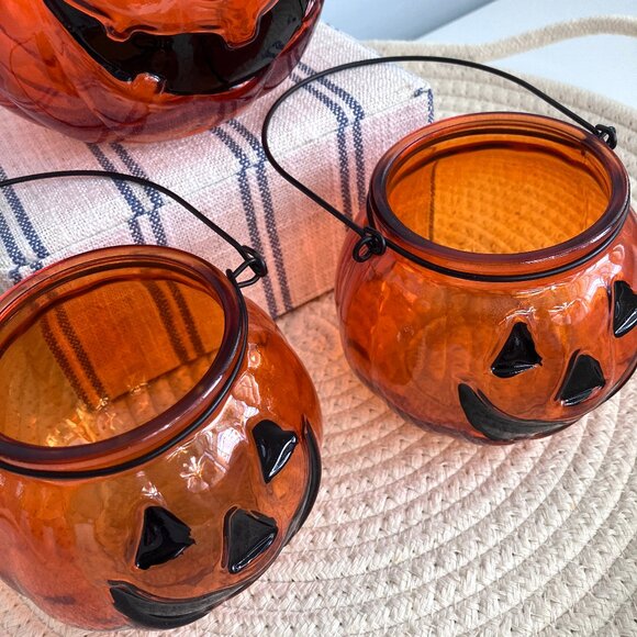 Halloween Glass Pumpkin Orange Tea Light Votive Candle Holders Bowls Set Decor - Picture 5 of 11